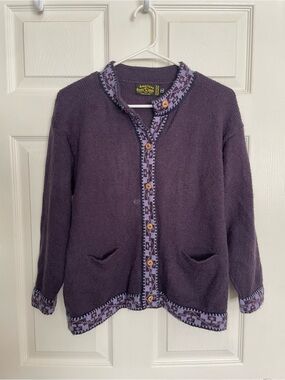 American South Side Alpaca Wool Purple Button-Up Cardigan with Patterned Trim